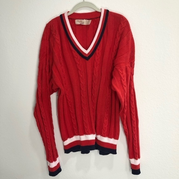 Vintage THE FOX Collection V-neck knit sweater long sleeve cotton redwhite